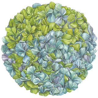 A round placemat with a hydrangea flower design in shades of green and blue. Hester & Cook Die-Cut Hydrangea Placemats