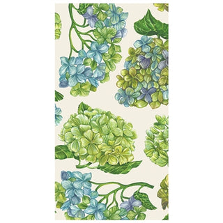 A pack of guest napkins with a floral hydrangea pattern in blue, green, and purple hues. Hester & Cook Hydrangea Guest Napkins