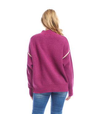 Person wearing a purple sweater with white stripes on a white background. Karen Kane Colorblock Mock Neck Sweater, Oatmeal with Orchid