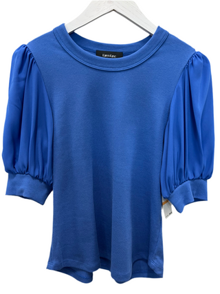 Blue blouse with puff sleeves against a white background