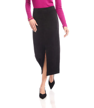 Person wearing a black skirt with a high slit. Karen Kane Faux Suede Front Slit Skirt, Black
