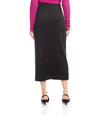 Person wearing a black skirt. Karen Kane Faux Suede Front Slit Skirt, Black