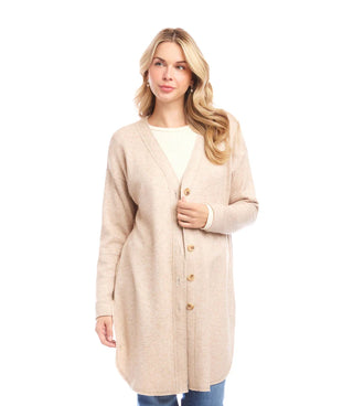 Woman wearing a beige cardigan on a white background. Karen Kane Long Sleeve Shirttail Cardigan, Oatmeal
