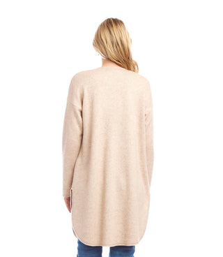 Beige cardigan worn by a person on a white background. Karen Kane Long Sleeve Shirttail Cardigan, Oatmeal