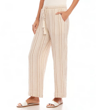 A pair of beige metallic stripe drawstring ankle pants by Karen Kane, modeled against a plain background.