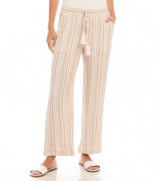A pair of beige metallic stripe drawstring ankle pants by Karen Kane, modeled against a plain background.