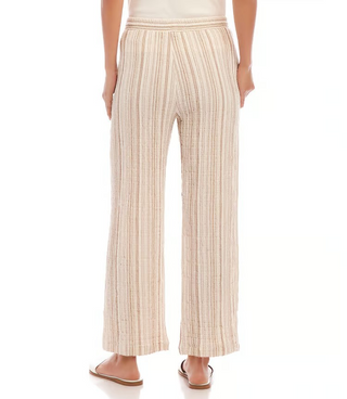 A pair of beige metallic stripe drawstring ankle pants by Karen Kane, modeled against a plain background.