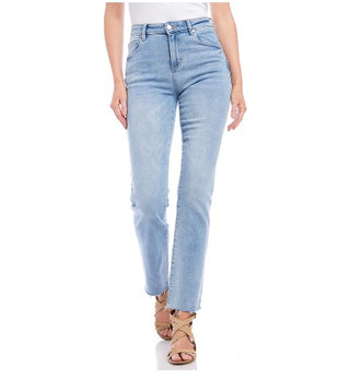 A pair of light blue, raw hem, straight-leg jeans with a button and zipper closure. The jeans are ankle-length and the image shows them paired with sandals.