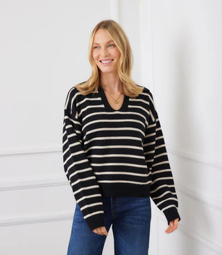 Woman wearing a black and white striped sweater and blue jeans against a white background. Karen Kane Stripe Polo Sweater, Black with Ecru