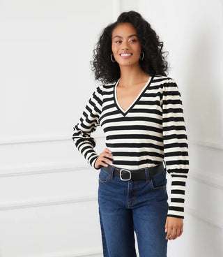 Karen Kane V-Neck Stripe Bishop Sleeve V-Neck Top, Black with Cream.