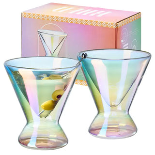 Two iridescent cocktail glasses with a box in the background. Khen Stemless Iridescent Martini Glasses, Set of 2 7oz