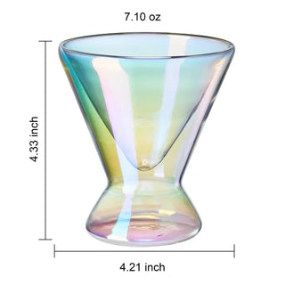 Iridescent glass cup with measurements on a white background. Khen Stemless Iridescent Martini Glasses, Set of 2 7oz