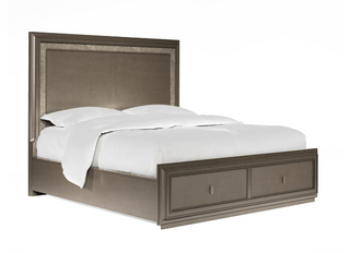 A storage bed with a square headboard and cork paper application, featuring two drawers on the footboard. King Cove Storage Bed