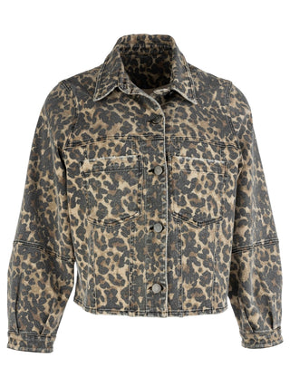 A Kut tan and brown printed denim jacket with a button front design.