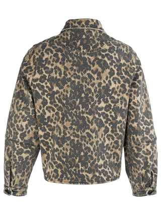 Back view of the tan and brown animal print Kut Bailey Button front denim jacket