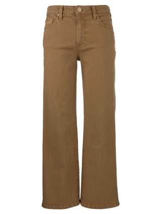 A pair of high-waisted, wide leg caramel-colored jeans with a regular hem.