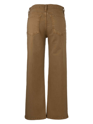 A pair of high-waisted, wide leg caramel-colored jeans with a regular hem.