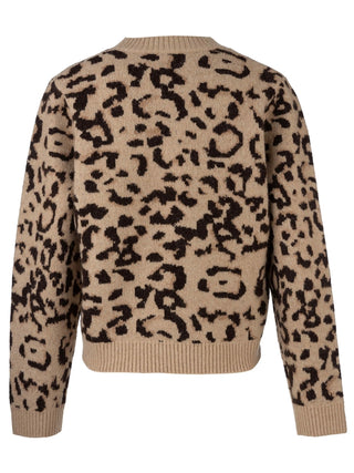 Beige sweater with black leopard print pattern on a white background