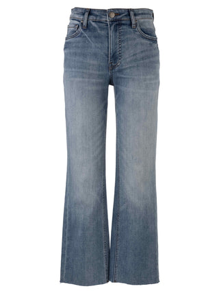 A pair of high-waisted, ankle flare jeans in a blue wash.