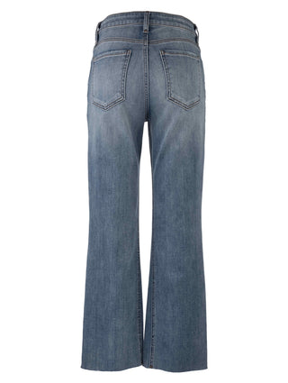 A pair of high-waisted, ankle flare jeans in a blue wash.