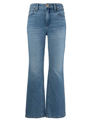 Blue medium wash jeans on a white background