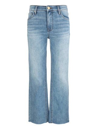 A pair of high-rise ankle flare jeans in a medium wash with a raw hem.