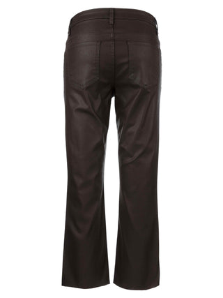 Brown pants on a white background. Kut Kelsey High Rise Ankle Flare with Raw Hem Jeans in Chocolate