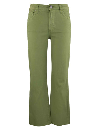A pair of high-rise ankle flare jeans in army green with a raw hem and front pockets.
