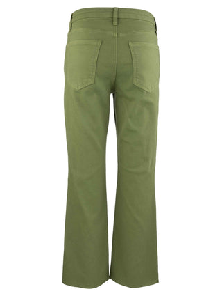 A pair of high-rise ankle flare jeans in army green with a raw hem and back pockets.
