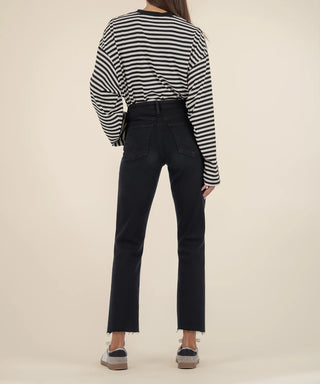 Kut Kelsey High Rise Ankle Flare with Raw Hem in Black denim jeans