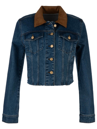 Blue denim jacket with brown collar on a white background. Kut Kerry Cropped Jacket with Raw Hem and Contrast Collar in Affined
