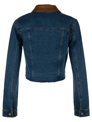 Blue denim jacket with brown collar on a white background