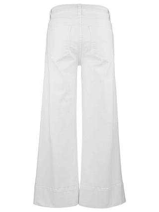 White high-rise jeans with front pin tuck detailing and wide hem.