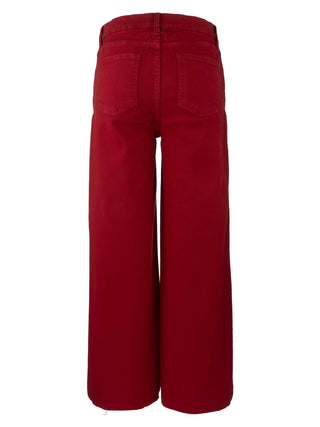 Red wide-leg jeans on a white background. Kut Meg High Rise Wide Leg Raw Hem Jeans in Ruby Red