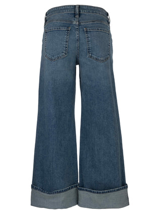 A pair of high-rise, wide leg roll-up jeans with a regular hem.