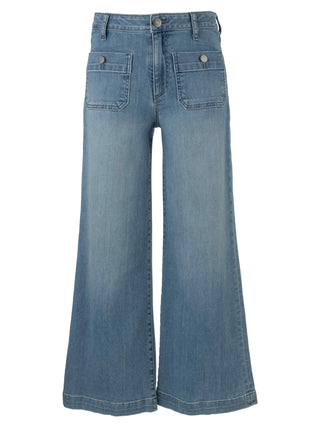 A pair of high-rise wide-leg jeans with patch pockets and a wide hem.