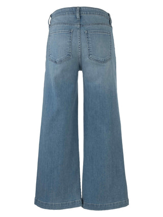 A pair of high-rise wide-leg jeans with patch pockets and a wide hem.