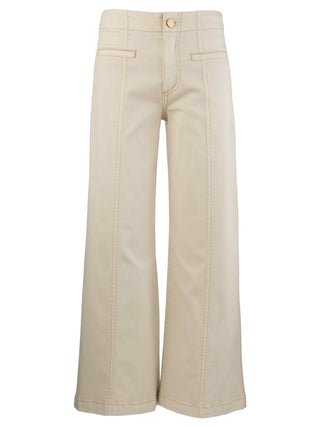 Off-white wide-leg pants with front pockets and front seam detailing on a white background