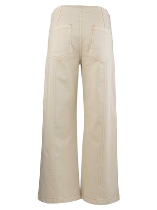 Off-white wide-leg pants with back pockets and front seam detailing on a white background