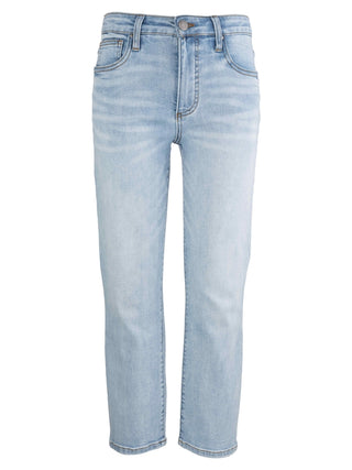 A pair of high-waisted, straight leg jeans in a light wash, indicating a mature and sophisticated style.