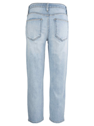 A pair of high-waisted, straight leg jeans in a light wash, indicating a mature and sophisticated style.