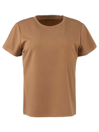 KUT Camel colored t-shirt on a white background. Kut Remington Scoop Neck Short Sleeve Shirt in Camel