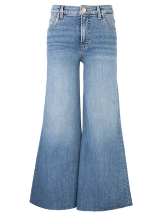 A pair of high-rise, wide-leg jeans with a raw hem.