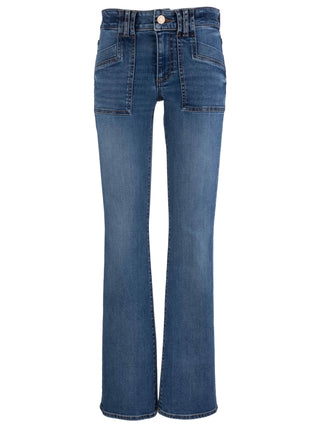 Kut Stella High Rise Flare Clean Hem in Wish medium wash square patch pocket