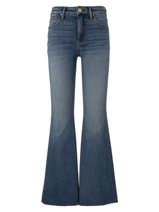 Blue flared jeans on a white background
