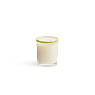 LAFCO Feu de Bois glass votive candle with a white wax base and a green rim
