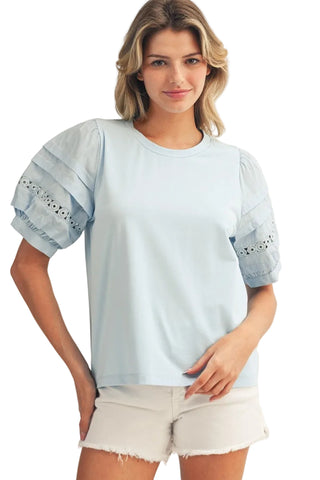 Lace Accent Puff Sleeves Solid Top in Light Blue