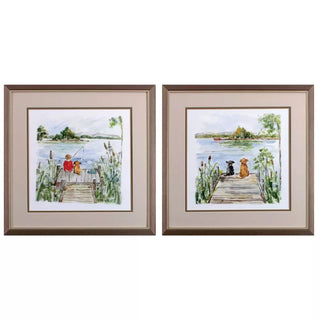 Lake Artwork Assorted red blue green boy dog fish