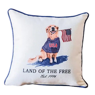 Decorative pillow with a dog holding an American flag. Land of the Free Painted Golden Retriever Pillow