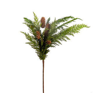 A single artificial green pine branch with several brown pinecones on a plain white background. Large Cedar Bush 27"